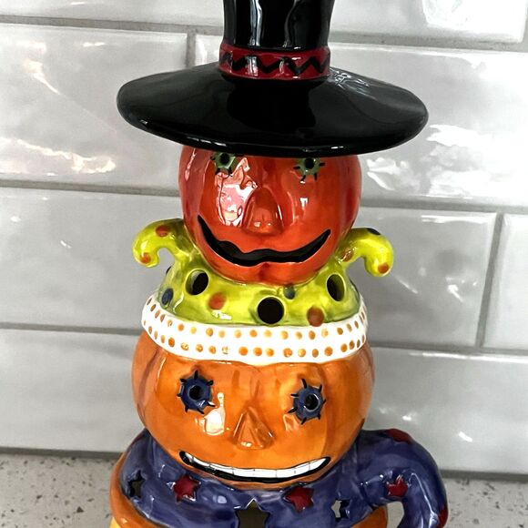 Halloween Porcelain Stacked Pumpkins Jack O Lanterns Tea Light Candle 11" x 5.5" - Picture 5 of 8